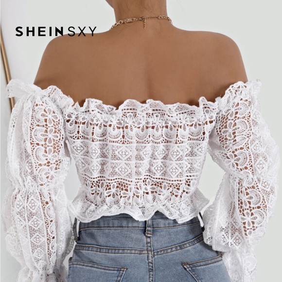 SHEIN White Lace Tie-Front Off-Shoulder Blouse - Picture 2 of 2